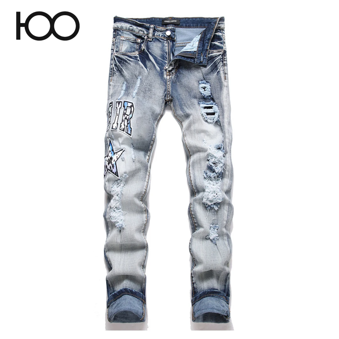 

S3862 100 charareiharper Men's jeans broken hole embroidery slim fit elastic fashionable men's small leg denim pants