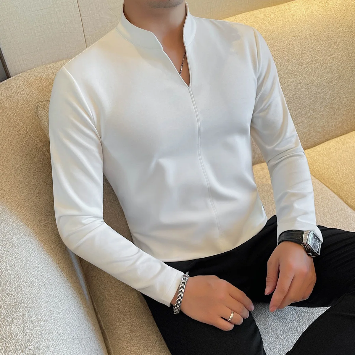Men Long‑Sleeve T‑Shirt V‑Neck Muscle Fit Undershirt Wear Outside Solid Color Fashion New Arrival Autumn Winter Stand Collar Ver