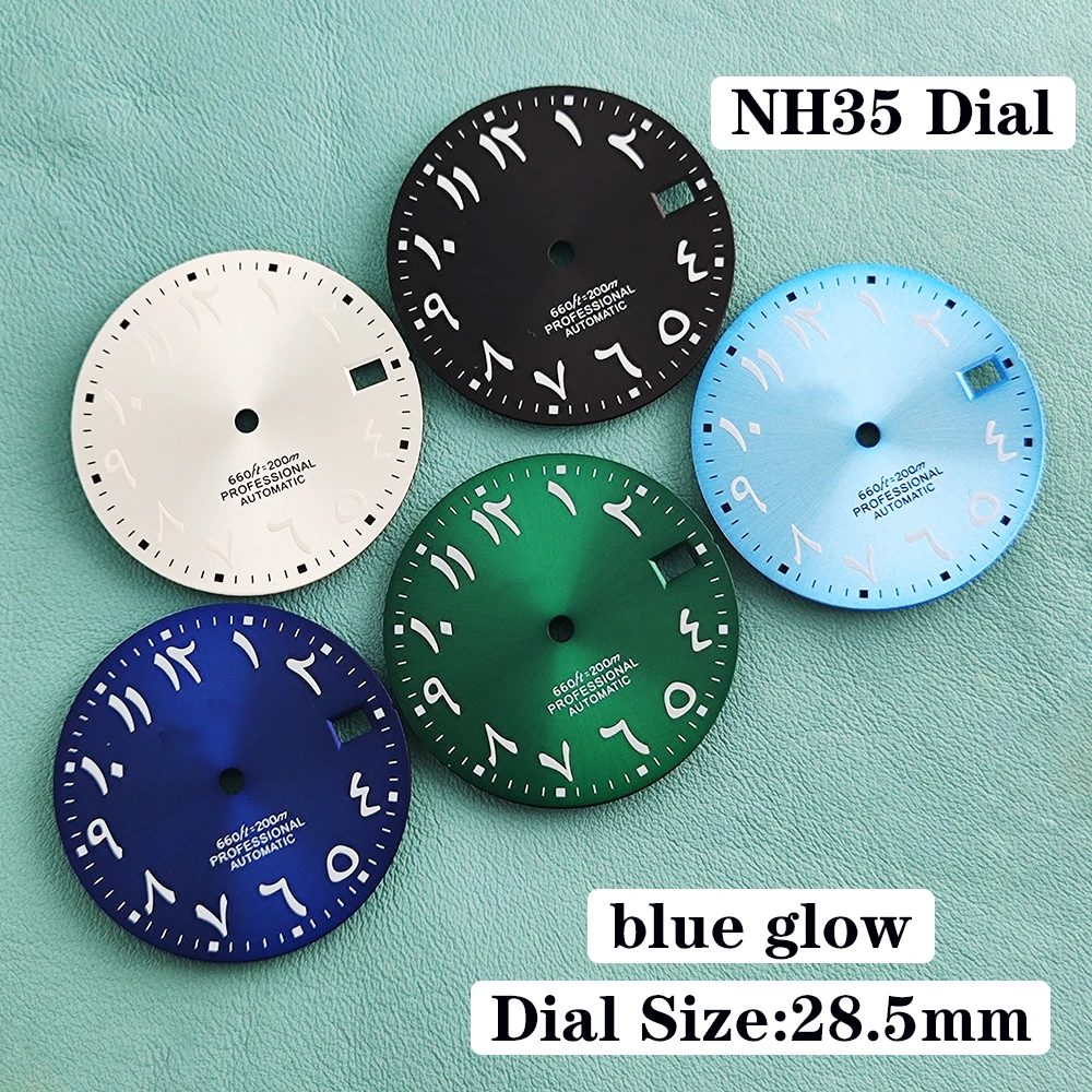 

New Arabic Sky Blue NH35 28.5MM Sunburst Watch Dial Arabic Numeral Watch Faces With NH35 Watch Hands For NH35 NH36 4R Movement
