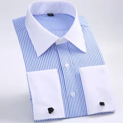 2026 Men's Classic French Cuffs Striped Dress Shirt Single Patch Pocket Cufflink Included Long Sleeve Wedding Shirts