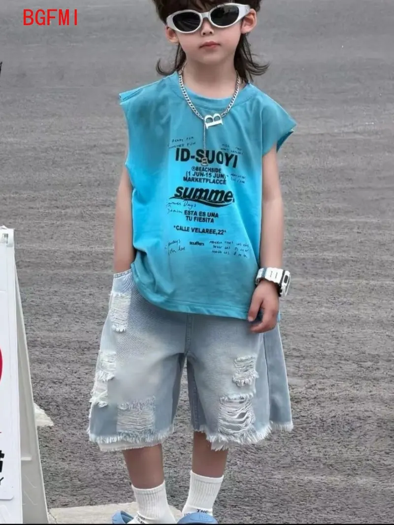 2-11Y Children's Sleeveless Set 2026 Summer New Boys' Tank Top+ Ripped Denim Shorts Boys' Fashion Sportswear Baby Summer Clothes