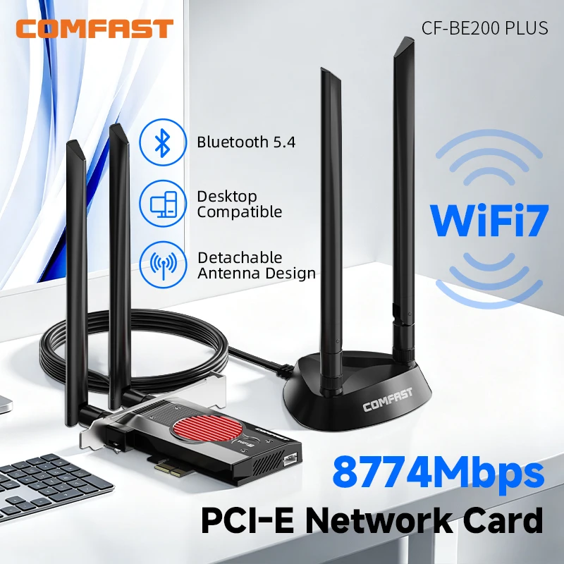 COMFAST WiFi 7 BE8800 PCIe Adapter BT5.4 Tri-Band 2.4GHz/5GHz/6GHz 802.11BE 8774Mbps Wireless Network Card for Windows 10/11