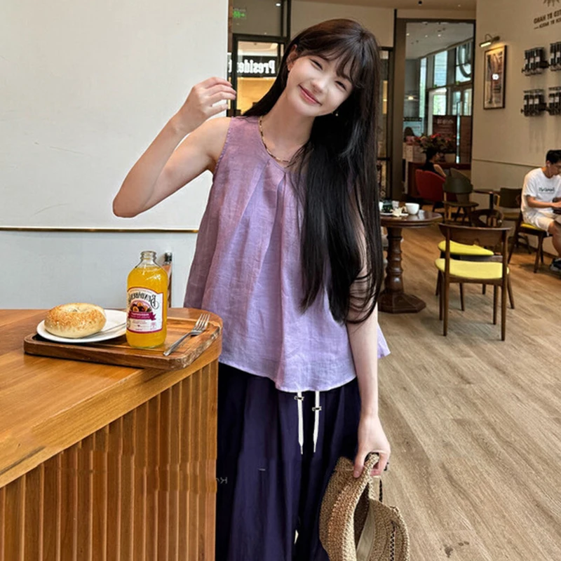 

2024 Summer Maternity Pleated Shirts Sleeveless O-Neck Ribbon Lacing Purple Top Loose Casual Pregnant Woman Blouses Tank Tops