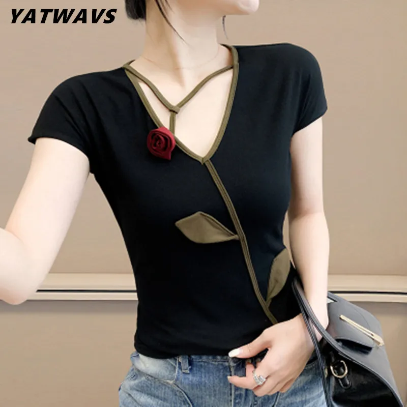 

S-3XL, новая летняя женская футболка, сексуальная модная футболка с v-образным вырезом и 3D цветочной аппликацией, блузки, уличная одежда для девочек, тонкие топы с короткими рукавами