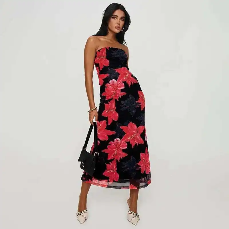 

Sexy Jy25018 Strapless Printed Dress 2025 Summer New Slim Fit Hip Hugging Long Skirt 2025 Summer Dress Robe Vestido Women Party