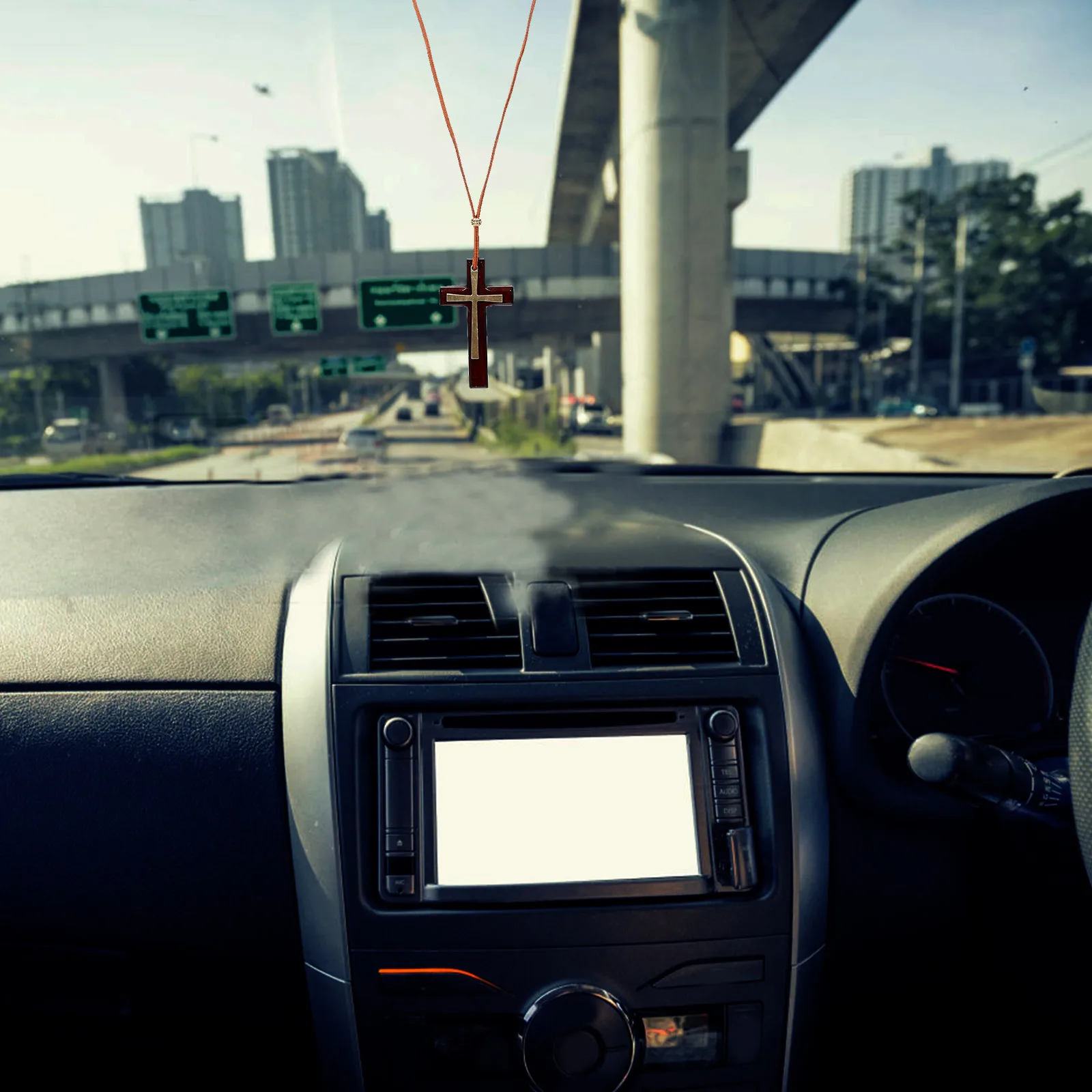 

2Pcs Wooden Hanging Ornament for Rear View Mirror - Retro Handcrafted Vehicle Decor Accessories, Cross Rear View