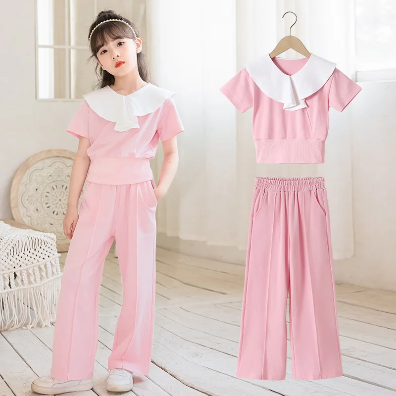 2024 Korean Summer Children Girl Tracksuit Elementary Girl Flounce Collar T-shirt+Wide-leg Pants Sets Girls From 4-12 Years Old