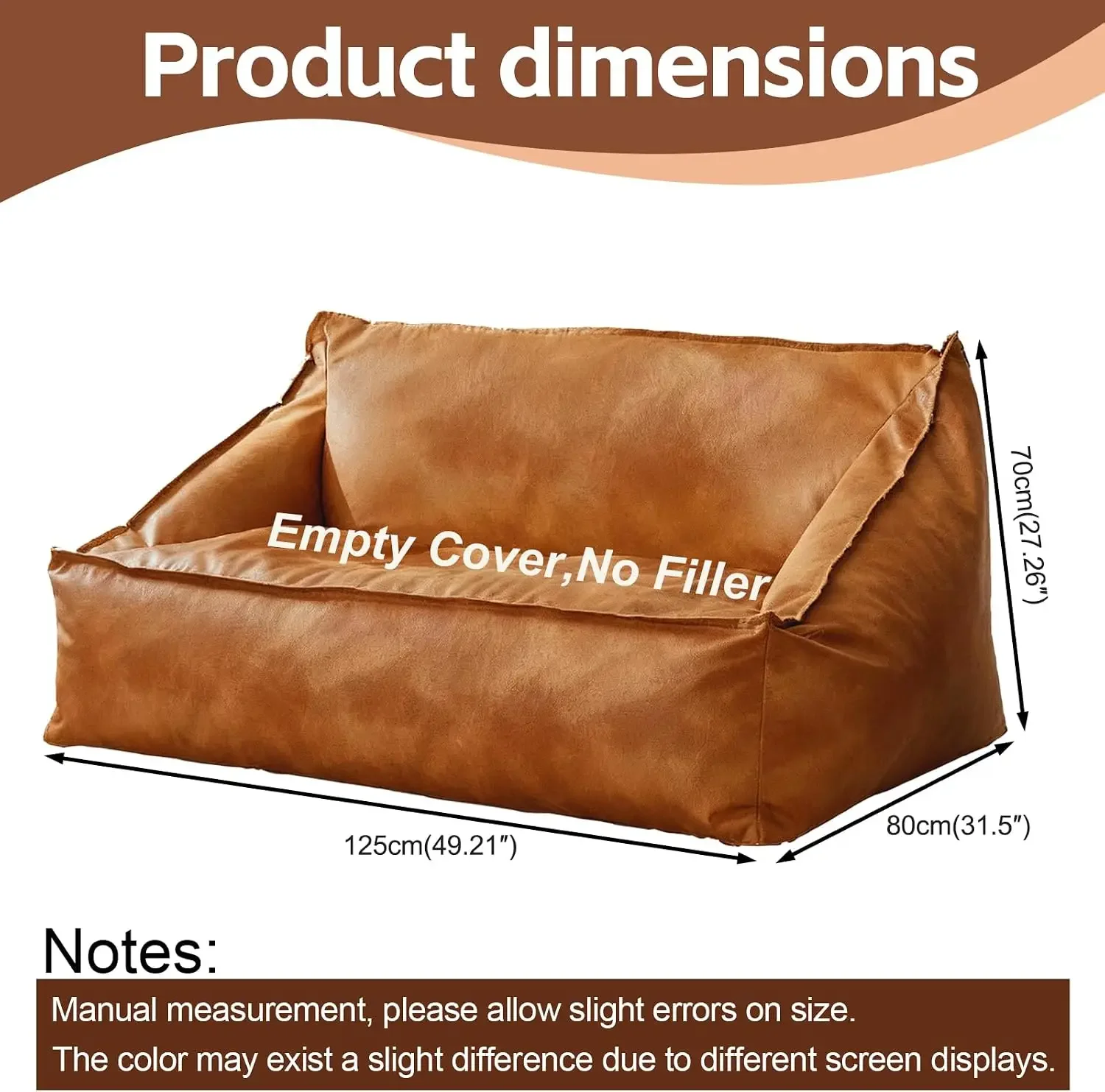 Faux Leather Bean Bag Chair Cover (No Filler) Brown Bean Bag Lounger for Adults Beanbag Cover Without Filling Pouf Chair Lazy Fl