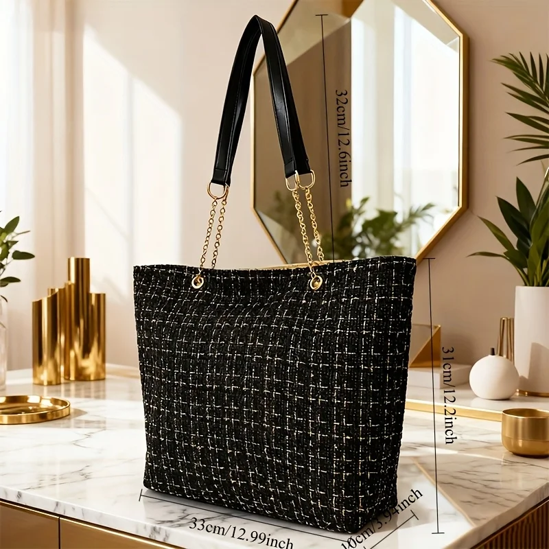 Elegante Damen-Vintage-Tweed-Tragetasche mit Karomuster, elegante Schultertasche mit großem Fassungsvermögen und goldenem Kettenakzent – Detail 2