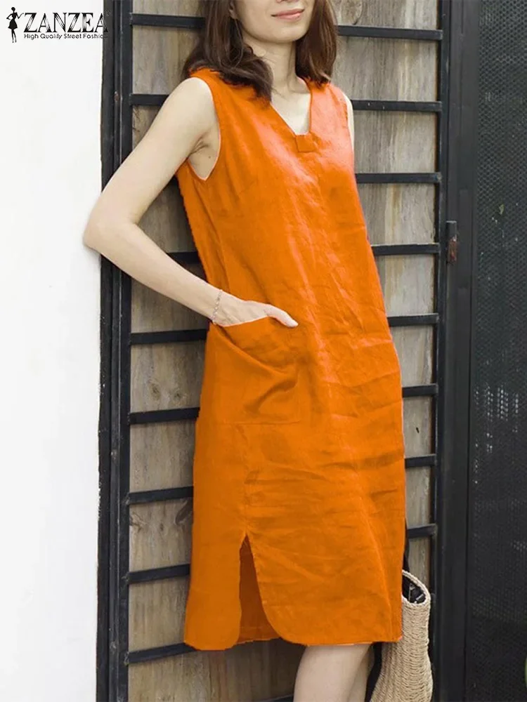ZANZEA 2025 damska letnia długa sukienka bez rękawów Vintage V Neck kieszenie Tanks sukienka moda rozlana szata Casual luźne Vestidos