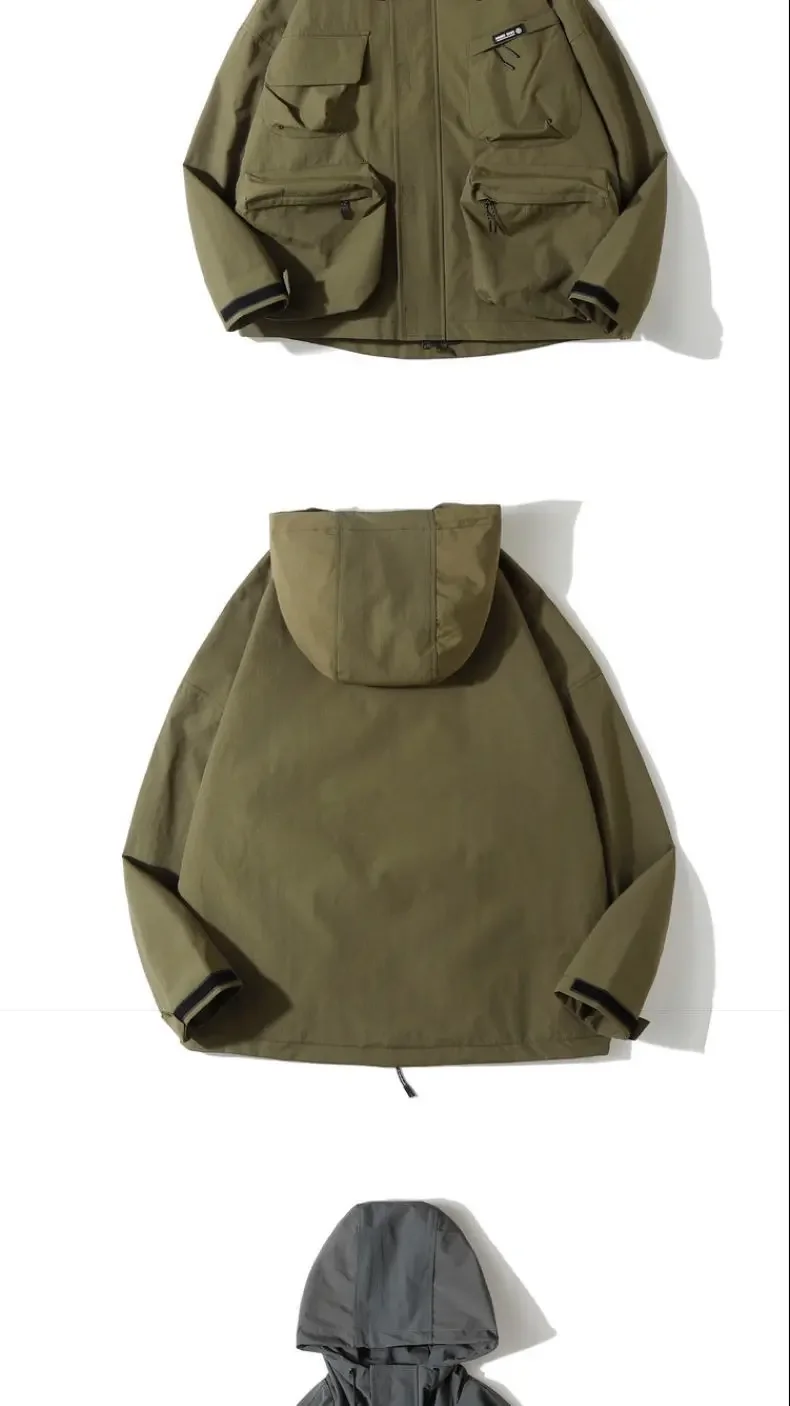 Kapuzen-Cargojacke mit mehreren Taschen, Unisex, im japanischen Harajuku-Stil, lässiger, winddichter Mantel für Frühling und Herbst, Outdoor-Oberteil für Paare. – Detail 7