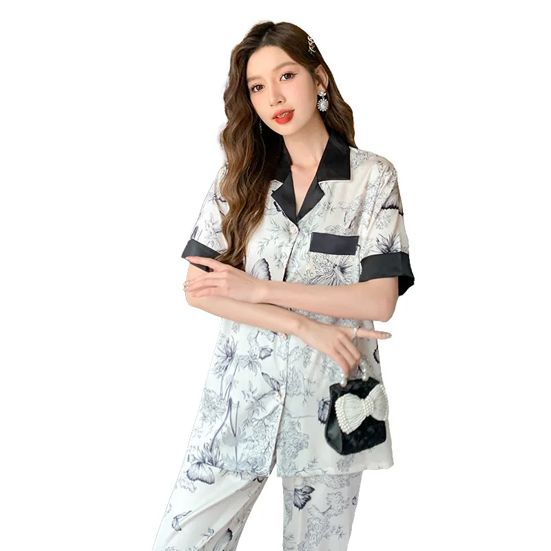 Print Womens Pajamas Faux Silk Satin Sleepwear Set Soft Short Sleeve Tops with Pants Pajama 2 Pieces Lingerie Women Home Suit