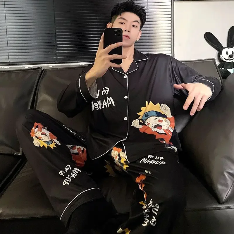 Naruto Pain Pajama Men Anime Sets Silk Satin Pijama Turn-down Collar  Long Sleeve Nightwear Male 2 Pieces Sets Cardigan Homewear