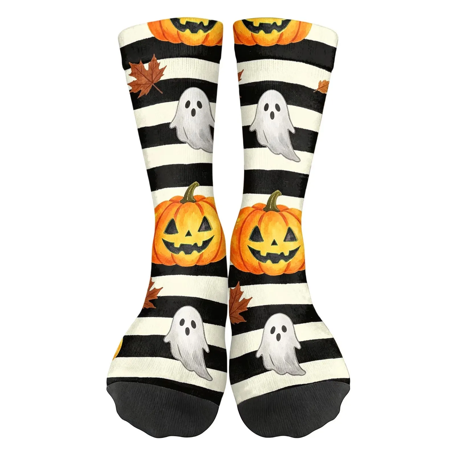 Halloween Pumpkin Ghost Print Crew Socks Unisex Mid Calf Casual Novelty Socks for Fall Party