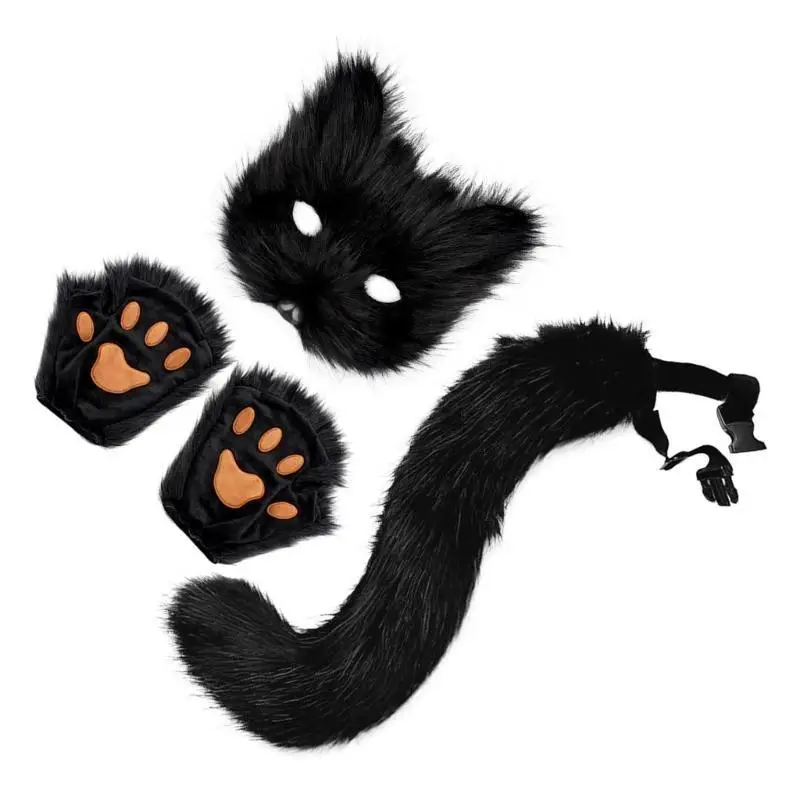 

39BD 3Pcs Animal Cosplay Costume Halloween Animal Foxes Cosplay Set Including Plush Foxes Mask, Tail, Gloves