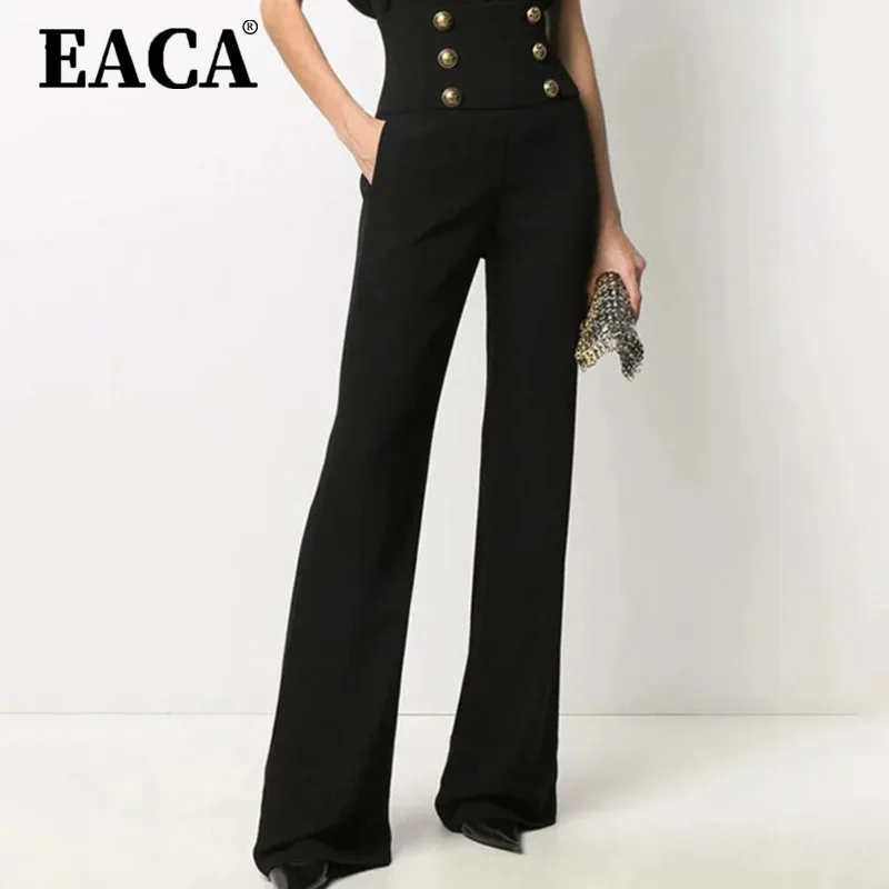 

EACA 2025 Spring And Autumn Black Broad Leg Temperament High Waist Bell-bottom Pants Long Casual Female Solid Color New