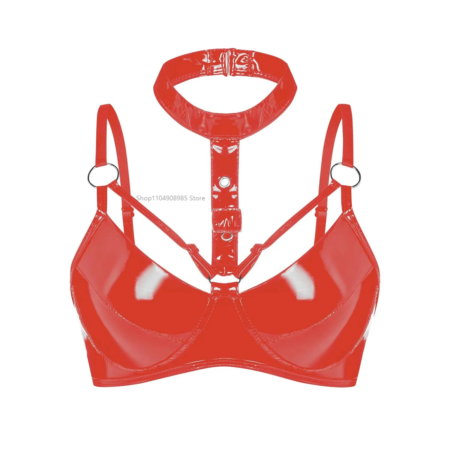 Black/Red Women's Sexy Halter Neck Adjustable Lingerie Shiny PVC Leather Bras Tops Nightclub Party Wet Look Porn Latex Bralette - view 5