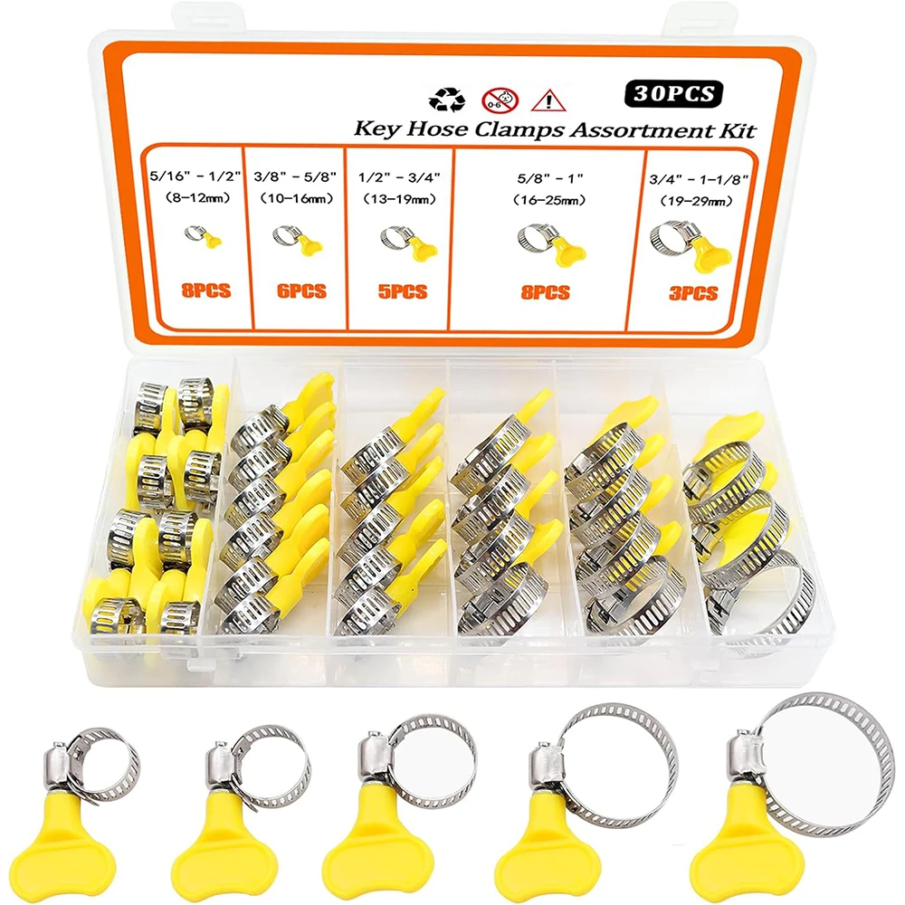 

48pcs finger rotating hose clamp combination kit 5/16 "1-1/8"(8-29mm) key type stainless steel hose clamp suitable for pipelines