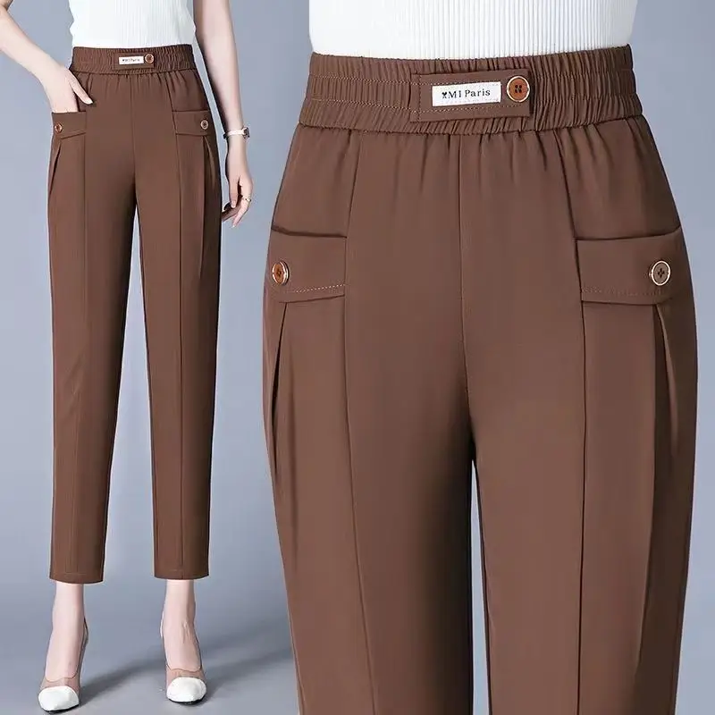 Pantalones Harlen coreanos para mujer, cintura alta elástica, bolsillos sólidos, Pantalones rectos informales delgados, moda de oficina, primavera y verano, nuevo