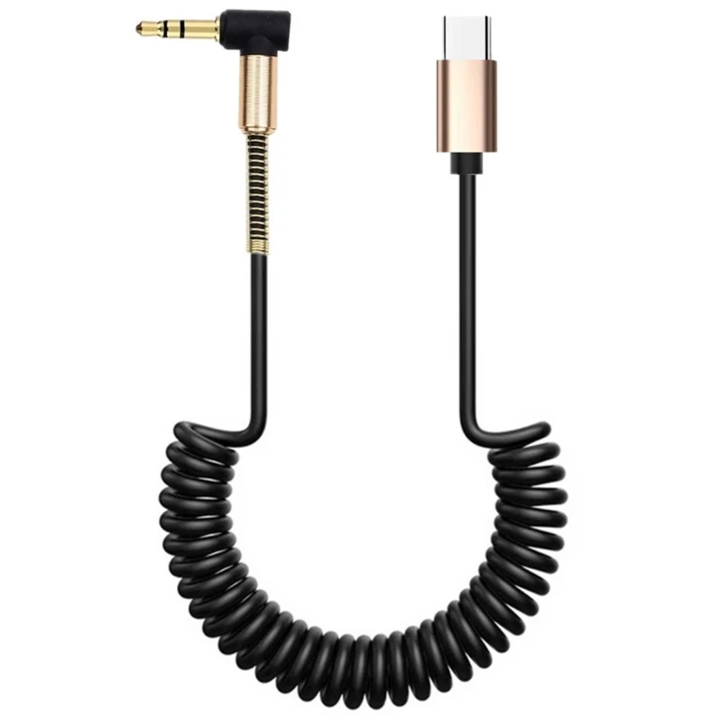 Spring Coiled Type C To 3.5mm Headphone Cable 90 Degree Male Sound Cord Angled Sound Extension Cord for USB C Smartphone