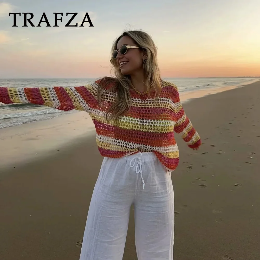 TRAFZA 2024 Spring Summer Casual Patchwork Women Sweaters Fashion Streetwear O Neck Crochet Striped Chic Ladies Loose Sweaters