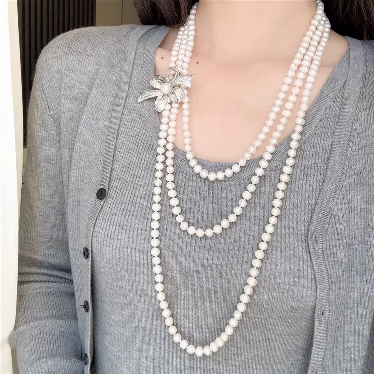 Natural freshwater pearl necklace with removed brooch multi-layer sweater necklace