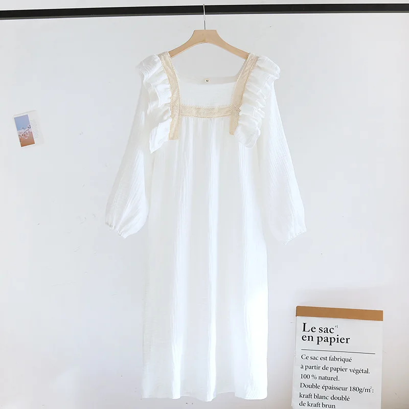 Spring/Summer New Ladies 100% Cotton Crepe Nightdress Thin Lotus Leaf Sleeves Square Neck Solid Color Long Dress Large Size