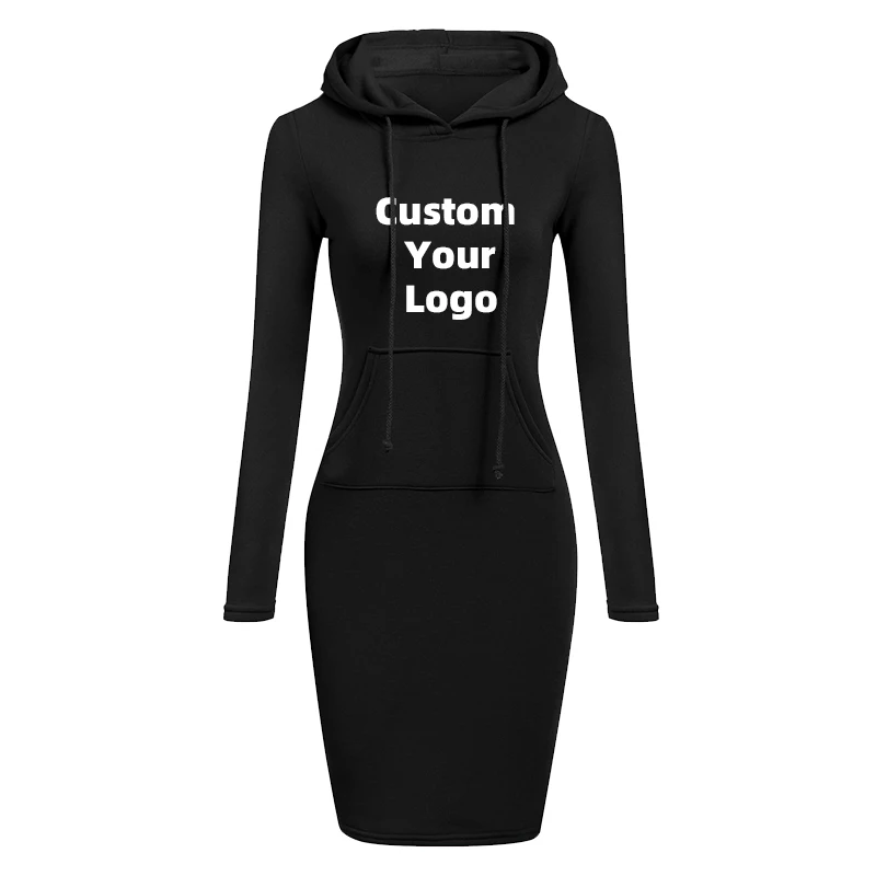 Autumn Winter Sweatshirt Dresses for Women Pocket Hooded Casual Dress Solid Color Long Sleeve Customize your logo Mini Dress