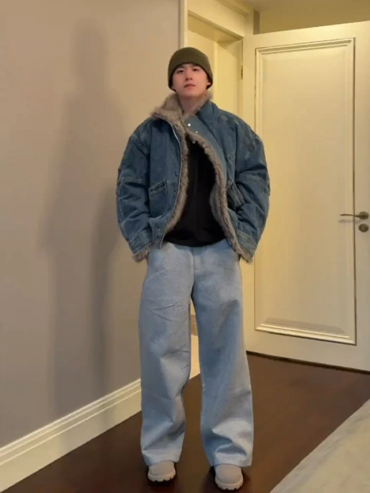 

Мужское зимнее джинсовое пальто в стиле ретро с американской талией и деконструированным горным орлом из хлопка с меховой подкладкой в стиле пэчворк