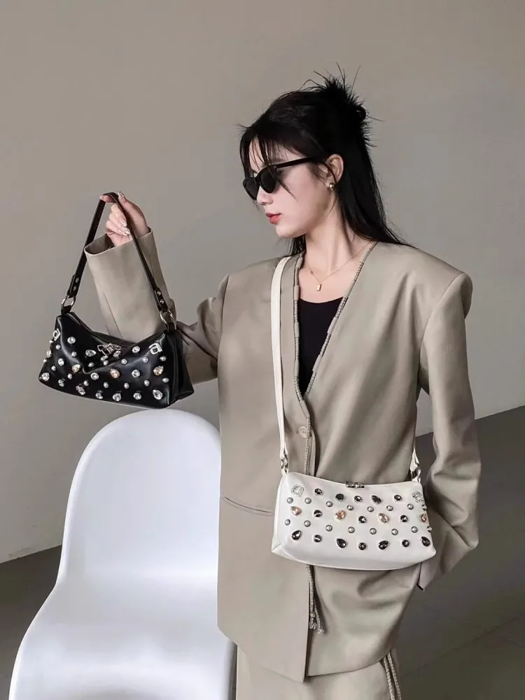 Fashion Diamond Women Single Shoulder Bag Zip Solid Color Pu Leather Handbag Casual Crossbody Bag Versatile Ladies Armpit Bags