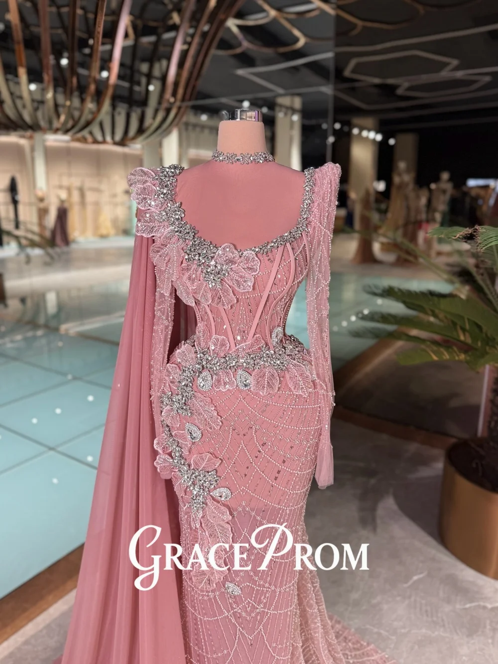 

GraceProm Romantic Pink Evening Dress 2026 Sheer-Mesh Lace Carpet Gown Gentle A-Line Floor-Length Party Gown فساتين سهر