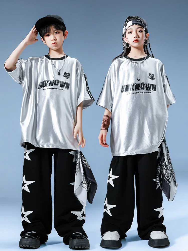 Boys Hip Hop Reflective T-shirt Loose Pants Girls Cool Sliver Sequin Streetwear Kids Street Dance Clothes Set Child Jazz Costume
