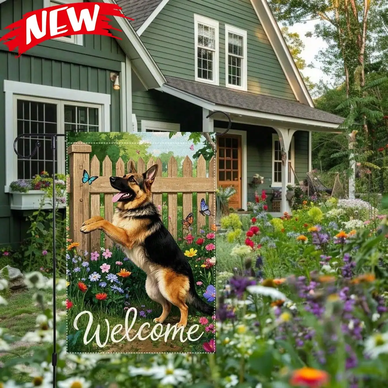 

Флаг для сада с немецкой овчаркой, двусторонний, маленький - дизайн «Добро пожаловать, весна-лето» с бабочками и полевыми цветами