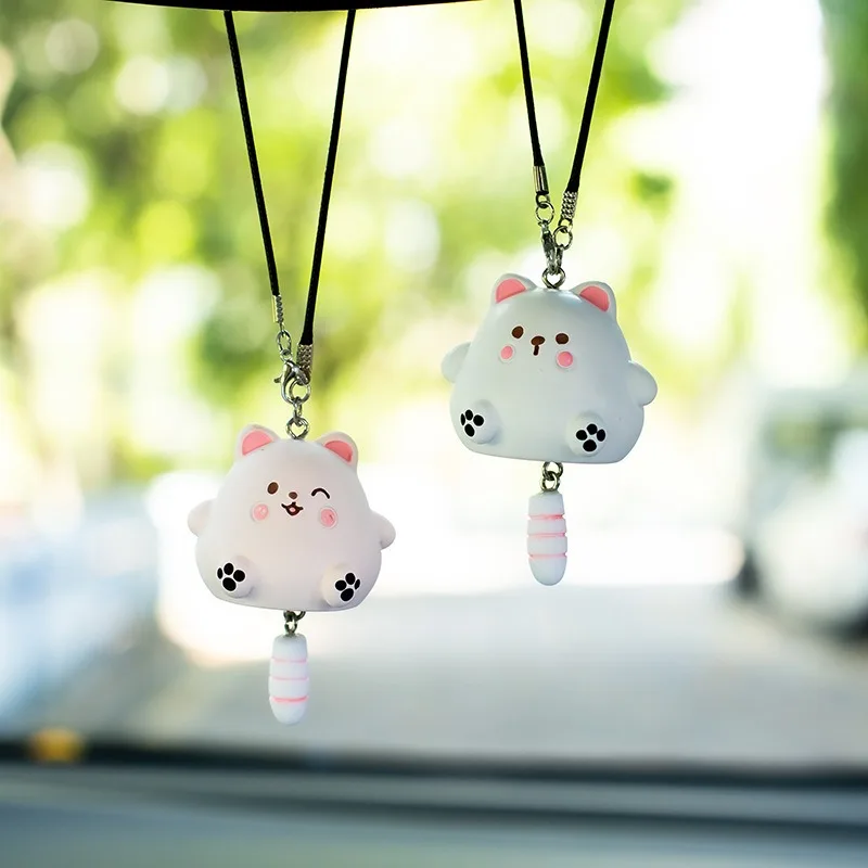 New Resin Chubby cat Cute Anime Car Wagging Tail Cat Pendant Auto Rearview Mirror Ornaments Birthday Gift Couple Accessories