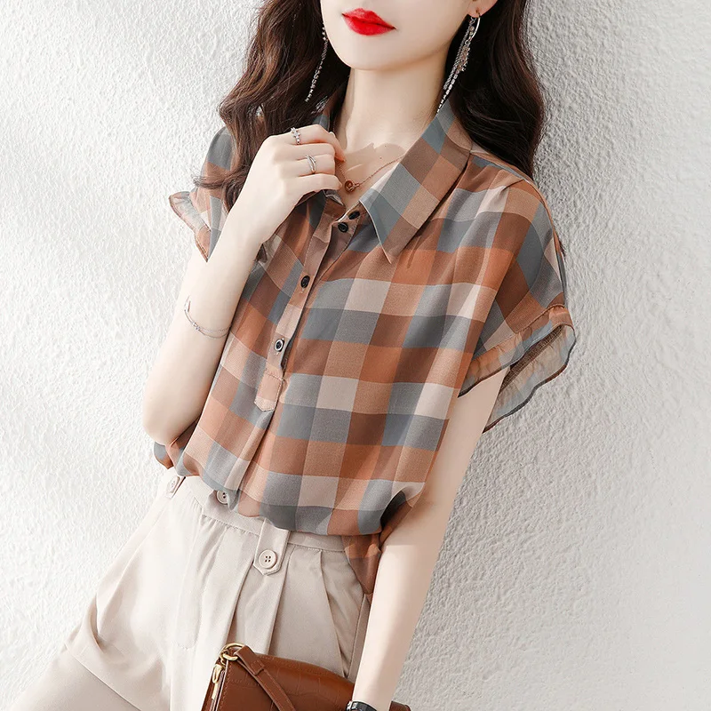 Fashion Plaid Printed Lapel Button Short Sleeve Chiffon Blouse Summer Plus Size Commute Tops Loose Casual Women Clothing Shirt