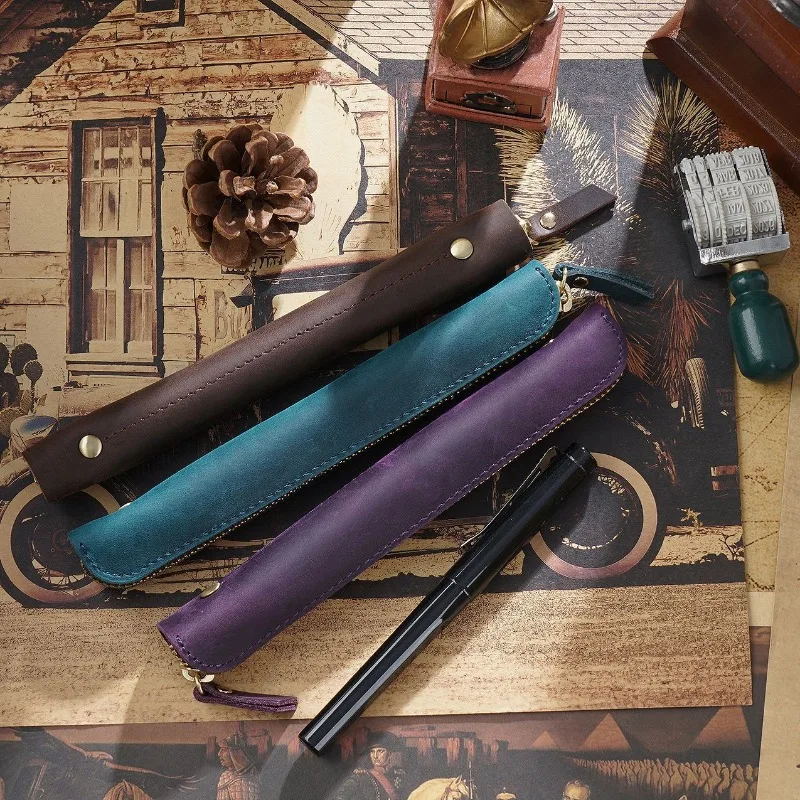 

Кожаный пенал в стиле ретро из натуральной кожи, защитный чехол для ручек, 1 шт., портативный мини-пенал для хранения ручек