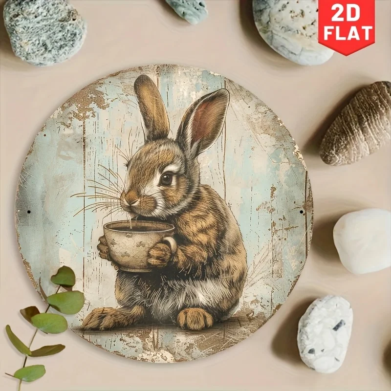 2D Flat, 1 Stück 2D Flat Printing Coffee Bunny Rundes Metallschild, lustige Wandkunst-Dekoration, ideal für Zuhause, Café, Restaurant, Garage, G
