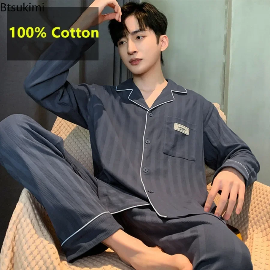 

2024 New 100% Cotton Pajamas Sets Men's Casual Loose Long Sleeve Home Clothes Male Comfortable Four Season Sleepwear Lounge Wear