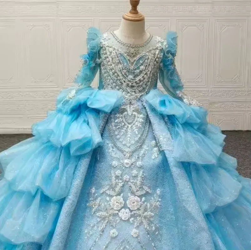 Luxury Blue Child Party Dress Beaded Lace Rhinestone Flower Girl Dresses Lace Up Back Pageant Gowns with Tail Size 1-14T