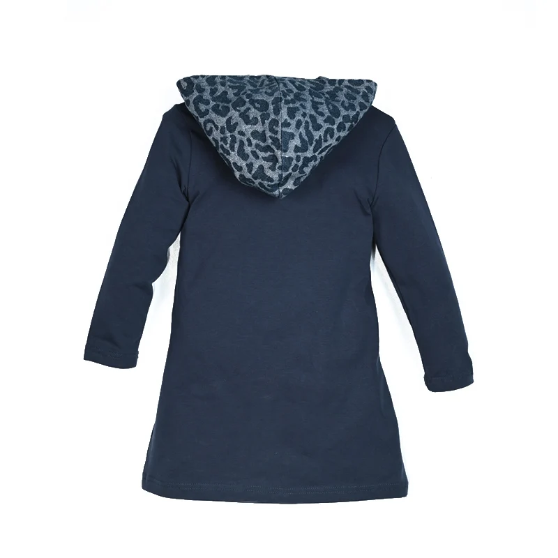 Blue Leopard Denim Children Set Long Sleeve Top Shirt Outfit Denim Washed Cotton/Spandex Dress Leopard Hoodie and Raw Edge Patch