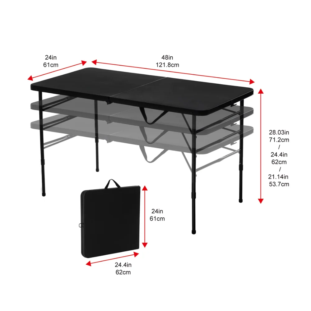 Novo Mesa dobrável dobrável ao meio de 4 pés, mesa dobrável preta rica, mesa de piquenique para acampamento