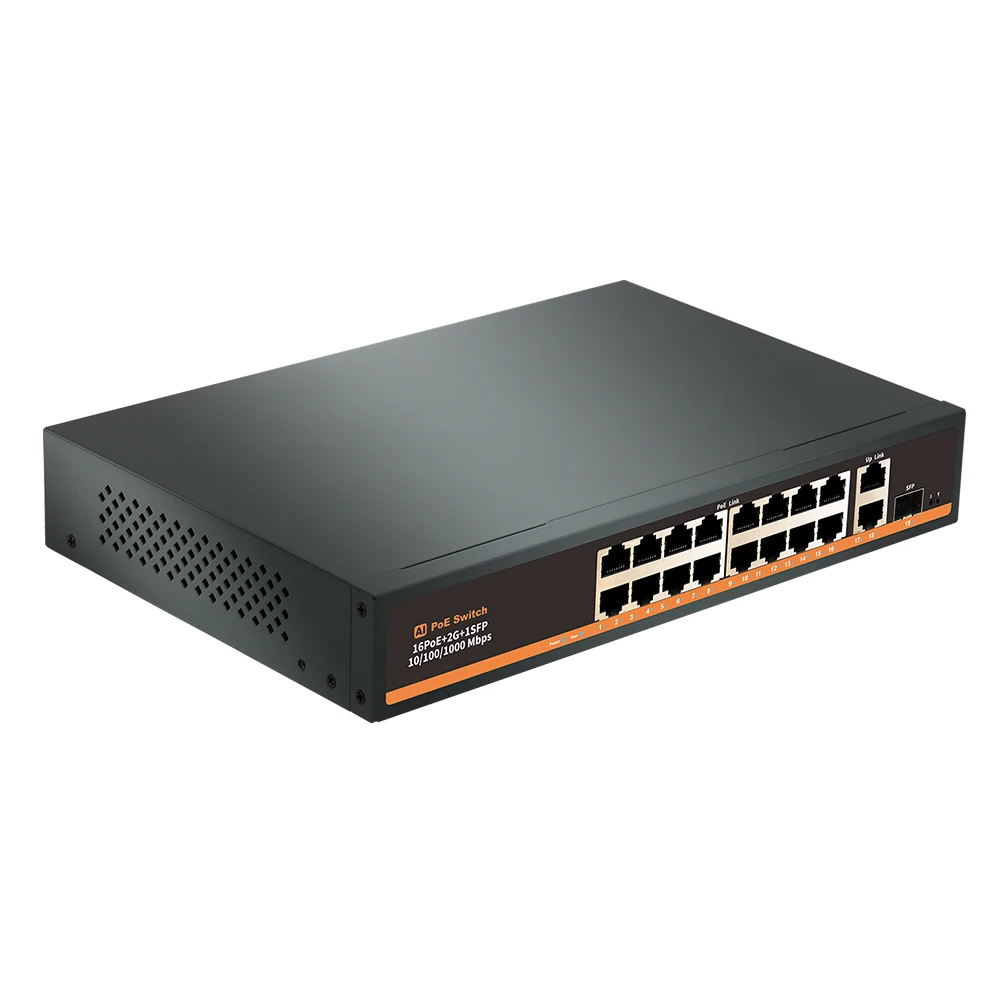 Bullscom 19-poorts PoE-switch |   16 x 10/100 Mbps PoE-poorten (250 W) + 2 x Gigabit RJ45 + 1 x SFP |   Onbeheerde Ethernet-netwerkswitch
