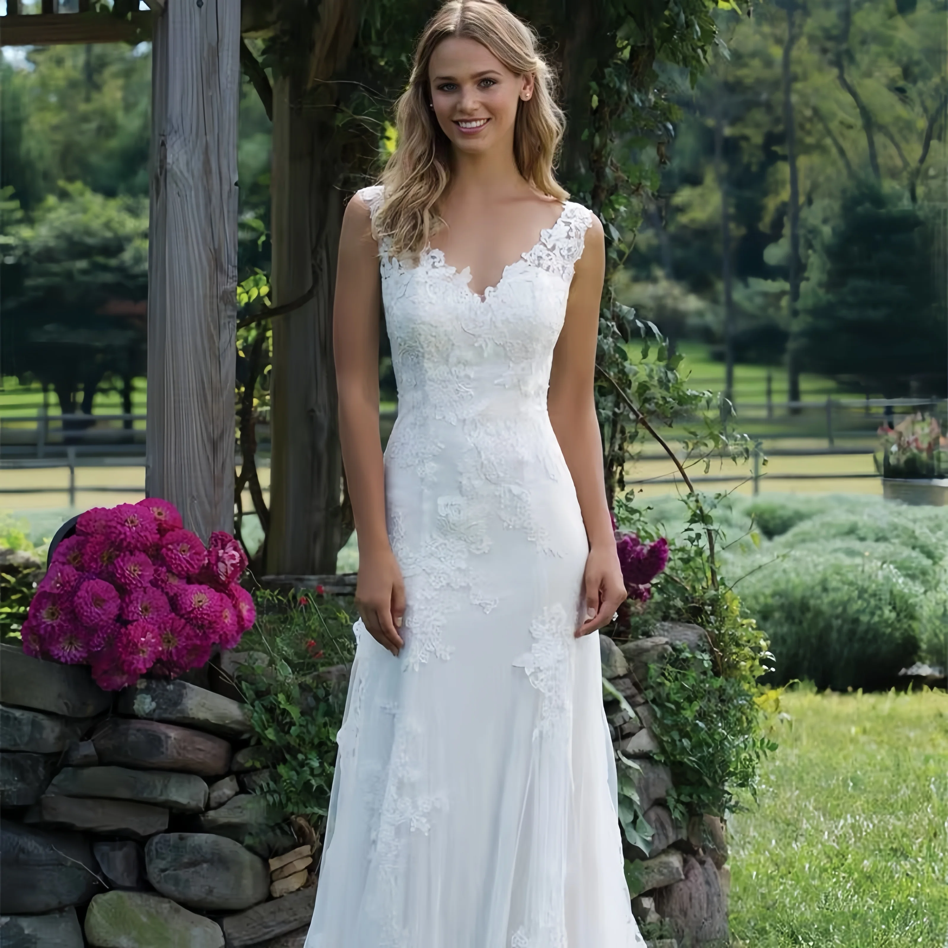 Customized a new simple lace V-neck slimming A-line trailing wedding dress, the main wedding dress for the bride, ethereal