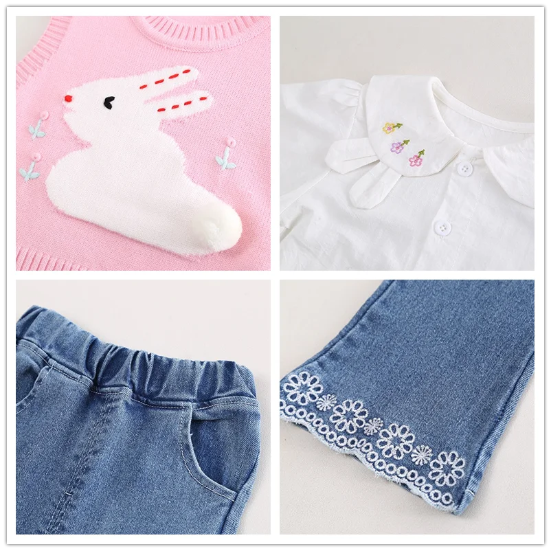 Spring Baby Girls Clothing Sets Children Knitted Vest Shirt Floral Jeans Infant Princess Clothes Cartoon Rabbit Kids Outfits