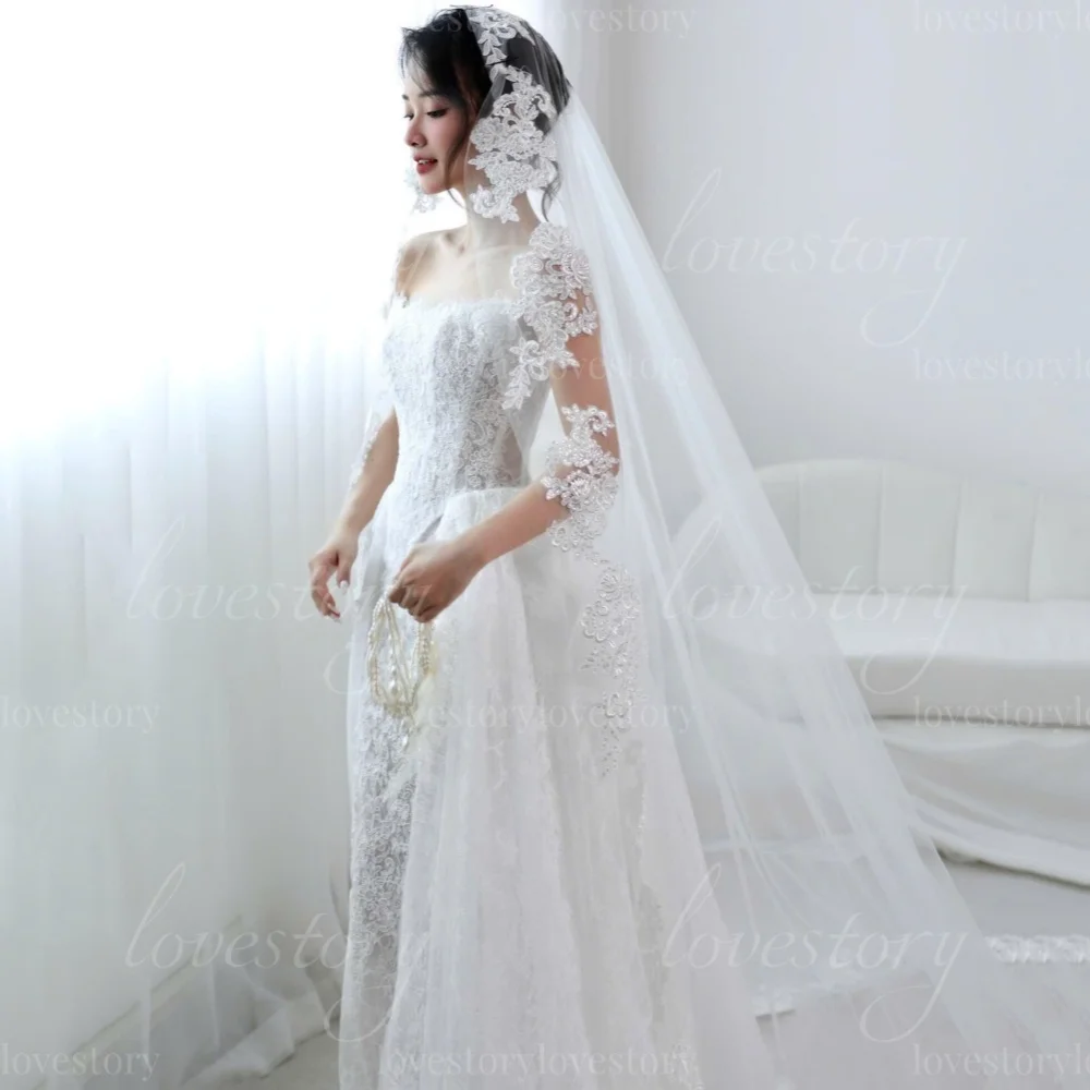 Customized Luxury Lace Wedding Dresses Strapless A   Line Detachable Train Bridal Gowns Illusion Bride Robes vestido de novia