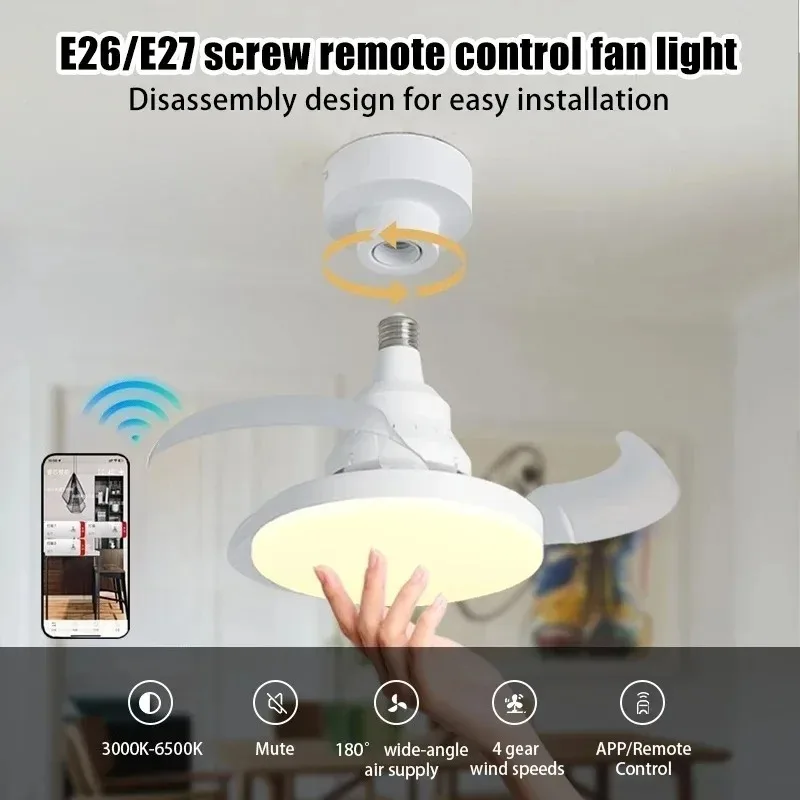 E27 Retractable Ceiling Fan Light APP Remote Control 4 Speed Dimmable Timing Fan Lamp for Bedroom Living Room Indoor