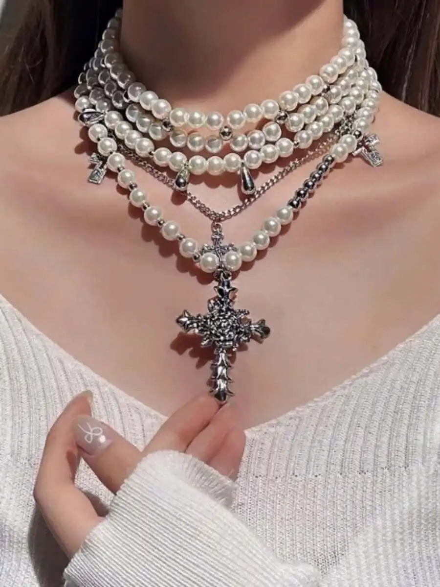 

Multilayer Pearl Choker Necklace With Cross Pendant For Women