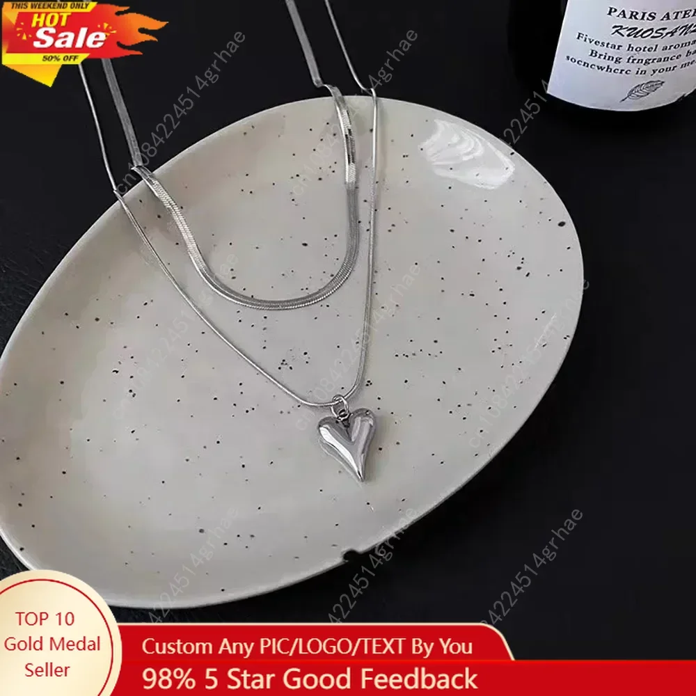 

LATS Double Layered Love Heart Pendant Necklace for Women Silver Color Simple Neck Chain Choker Fashion Jewelry Birthday Gifts