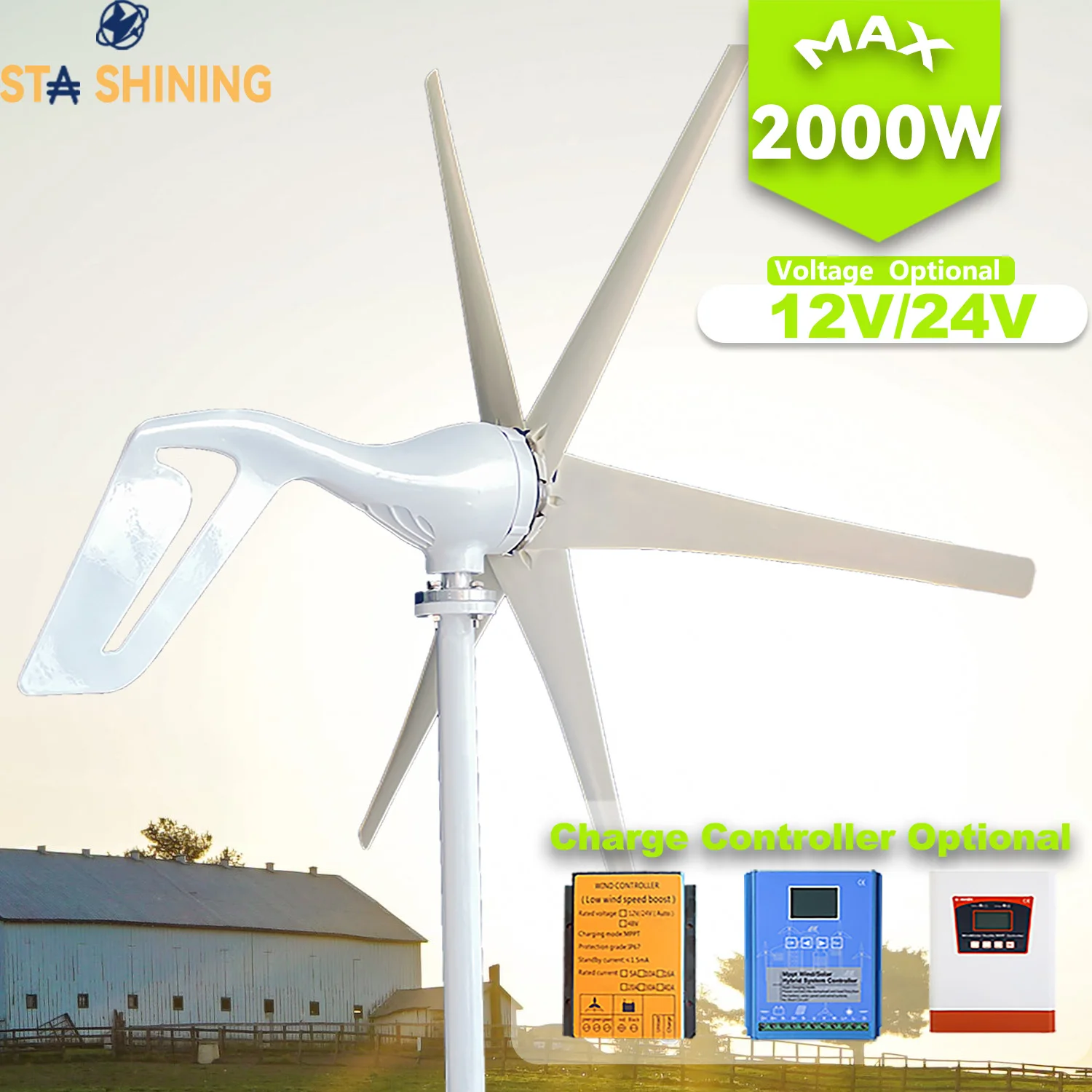 

【Higher-Output】Horizontal Wind Turbine Generator 2000W Windmill w/MPPT Charger/Hybrid Solar Wind Power System, Home Use 6 Blades