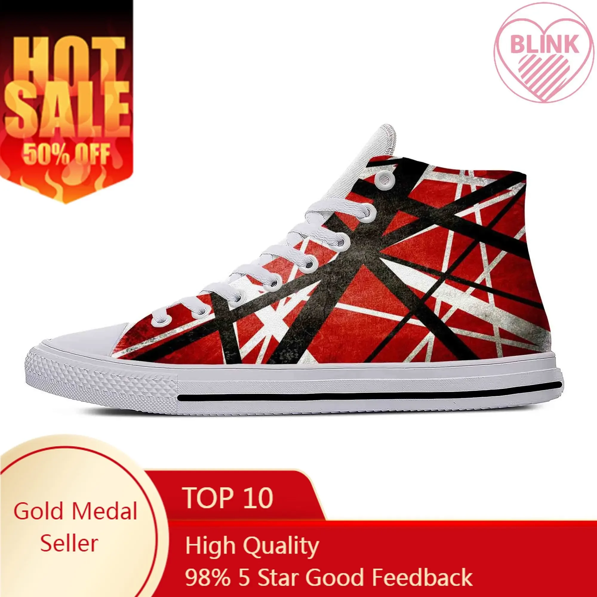 Homens e mulheres High Top Lightweight Breathable Sneakers, sapatos de pano casual, guitarra metal listrado, banda de música rock, impressão 3D EVH 5150, quente